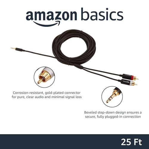 Amazon Basics 3.5mm Stereo Audio Cable to 2 RCA Adapters for Amplifiers, Smartphone, Tablet, Active Speakers with Corrosion-Resistant Gold-Plated Plugs, 25 Feet/7.6 m, Black - size: 25 Feet