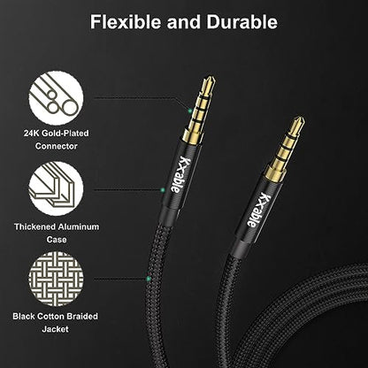 Kxable 3.5mm Audio Cable, 4-Pole Hi-Fi Stereo TRRS Aux Jack 15FT, Nylon Braided, Microphone Compatible, 1/8 inch Male to Male Auxiliary Cord Extension for Headphones, Car, iPad, Phone, Tablet- Slim - size: 15FT