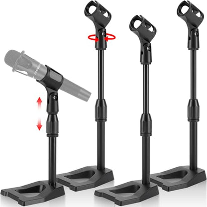 Hicarer 4 Pcs Desktop Mic Stand Height and Angels Adjustable for Diameter Max 1.18" Tabletop Mic Stand Microphone Desk Stands Metal U Shape Weighted Base for Podiums, Meeting Rooms(Black)
