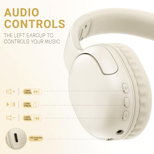 LORELEI B-E5 Kids Bluetooth Headphones, Wireless Headphones for Kids, Foldable 40H Playtime, Built-in mic, On Ear Headsets for Child/Teens/School/Tablet(Beige White) - color: White