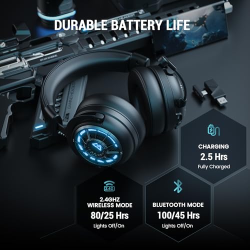 EKSA Wireless Gaming Headset for PS5, PC, PS4, Mac, Switch, Gaming Headphones with 2.4GHz, Bluetooth 5.3, 7.1 Surround Sound, Detachable Noise Canceling Microphone