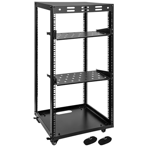 20U Server Rack w/ 2 Racks, Versatile Open Frame IT Rack | Wall-Mount AV Rack w/ Top & Bottom Panels, Hook and Loop Straps for 19" Stereo/Data/IT/Computer Equipment - size: 20U