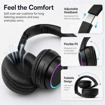 Bluetooth Headphones, Over Ear Wireless Headphones, RGB Light, Foldable Lightweight Headset with Microphone, Wireless Headphones for Cell Phone, Music, Gaming, School, Home Office
