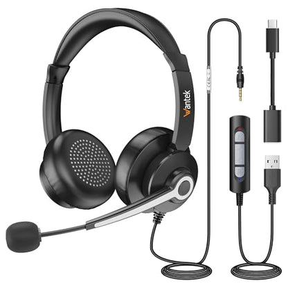 Wantek USB & 3.5mm Headset with Mic for PC/Laptop,Wired Headset with Noise-Cancelling Microphone & Audio Controls Perfect for Home Office Online Class Skype Zoom Call Center Webinar,All Day Comfort - color: USB+3.5mm(Binaural)