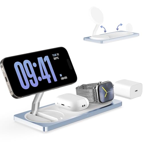 3 in 1 Wireless Charging Station for Apple Devices with MagSafe | For iPhone 17/Air/16/15/14/13/12, AirPods & Apple Watch, Foldable Portable Aluminum Charging Stand, Adapter Included - color: Blue