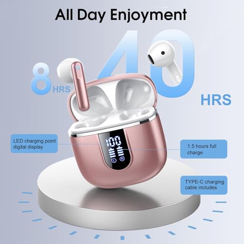 Wireless Earbuds, Bluetooth 5.4 Headphones with 3D Bass Stereo, 40H Ultralight In-Ear Buds, Bluetooth Earbuds with 4 ENC Noise Cancelling Mic, USB-C, IP7 Waterproof Earphones for Android iOS, Rose - color: Pink Gold
