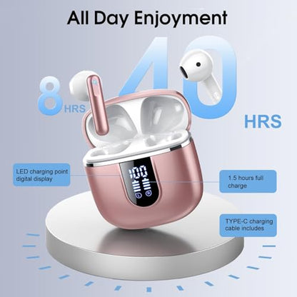 Wireless Earbuds, Bluetooth 5.4 Headphones with 3D Bass Stereo, 40H Ultralight In-Ear Buds, Bluetooth Earbuds with 4 ENC Noise Cancelling Mic, USB-C, IP7 Waterproof Earphones for Android iOS, Rose - color: Pink Gold