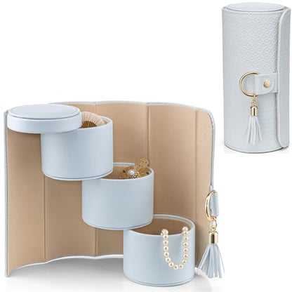 VLANDO Travel Jewelry Organizer, 3 Tier Roll Up Design, Hard Shell Storage | Stepped Sections Compartments Keep Jewelry Visible, Soft Lining Protect Pieces, Snap Closure, Travel Gift for Women Girl - color: Light Blue