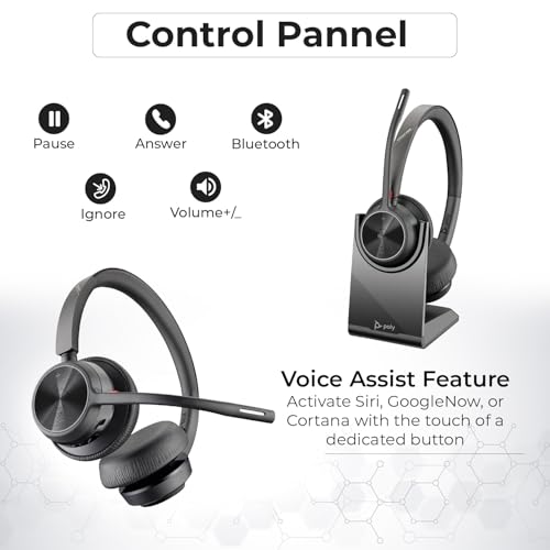 Poly Voyager 4320 UC Wireless Headset & Charge Stand - Stereo Headphones with Noise-Canceling Boom Mic + Charging Station + USB-C to A Adapter + USB C Dongle + USB A-C Cable + Pouch + Microfiber Cloth