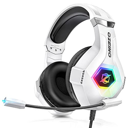Ozeino Gaming Headset for PC, Ps4, Ps5, Xbox Headset with 7.1 Surround Sound Gaming Headphones with Noise Canceling Mic, LED Light Over Ear Headphones for Switch, Xbox Series X/S, Laptop, Mobile White - color: White