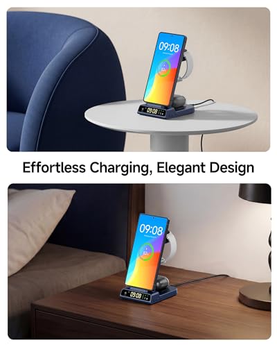 Wireless Charger for Samsung S26 Ultra, Galaxy Watch 9/Ultra 2/8/Buds4 Pro | for Samsung S26+/S25 Ultra/S25/Z Flip8/S24/S23/S22, Galaxy Watch 8/Ultra/7/6/5, Galaxy Buds4 Pro, Space-saving, LED Clock - color: Blue