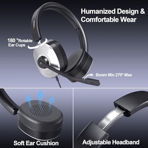 Wantek USB Headset with Microphone for PC, Wired On-Ear | Noise Cancelling Mic, USB/3.5mm/Type-C, Home Office, Work, Call Center, Online Courses, Skype, Zoom（Silver）