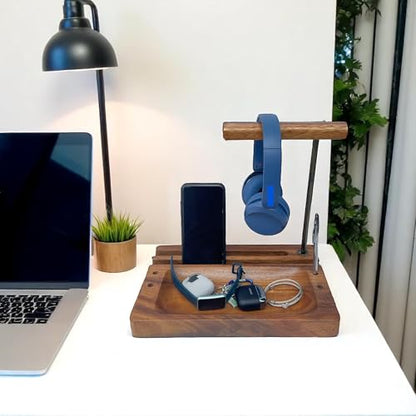 Multi-Device Headphone Stand, Acacia Wood Tech Organizer with Storage Tray | Solid 1.5 in thick acacia wood organizer for headphone, phone, tablet & accessories, gaming & office desk setup, workspace - style: Headphone Cell iPad Holder