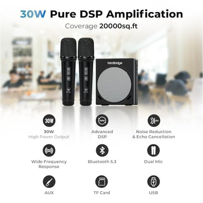 WinBridge 30W Voice Amplifier with 2 Wireless Mics, Portable PA Speaker S90 | DSP Crystal-Clear Sound, 65ft+ Stable Range, 13H Mic Battery,BT/USB/TF/AUX, Lightweight for Teaching, Public Speaking, Event