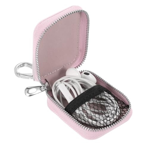 HARFINGTON Earbuds Cases, Earphone Case Holder, PU Leather Ear Buds Case Zipper Organizer Small with Mesh Pocket for USB Cable, Wireless Wired Earphones, Pink - color: Pink