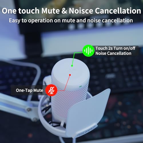 FEELWORLD White USB Gaming Microphone VM1, Noise Cancellation RGB Mic with Mute Button for PC PS5, Desktop USB Microphone for Streaming & Gaming, White Computer Accessory