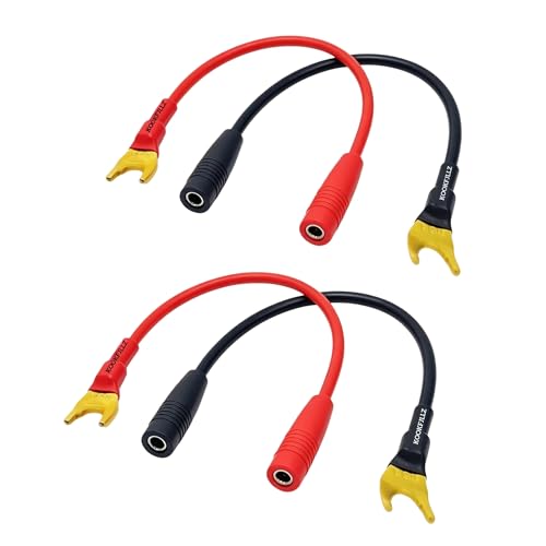 Spade to Banana Plug Cable 4-Pack 24K Gold OFC | 8-Inch, 13AWG, 24K Gold-Plated, OFC Pure Copper, 45-Degree Angled, Color-Coded, Amplifier, AV Receiver, Home Theater