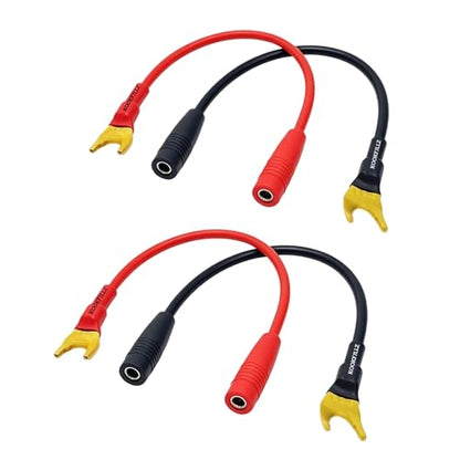 Spade to Banana Plug Cable 4-Pack 24K Gold OFC | 8-Inch, 13AWG, 24K Gold-Plated, OFC Pure Copper, 45-Degree Angled, Color-Coded, Amplifier, AV Receiver, Home Theater