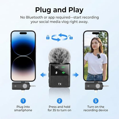 DORNLAT Wireless Lavalier Microphone, 3 in 1 Plug Play Lapel Mic for iPhone/Android/Camera, Noise Cancelling, Mini Compact Lavalier Mic for Vlog, YouTube, TikTok, Live Streaming, Record Interview