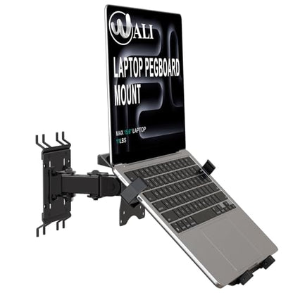WALI Articulating Pegboard Adjustable Mount for Laptop and Monitor 2 in 1 with Vented Tray, Fits 1" Hole Spacing & Up to 1/4" Hole Diameter, Supports Laptop or Monitor Under 8.8lbs, PM00LP, Black - size: 1 inch hole