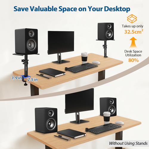 Vondynote Set of 2 Desktop Clamp Speaker Stands Short Studio Monitor Stands Height Adjustable | Height Adjustable 9"-14", Desk Mount, for Monitor Speakers Laptop Projector CD Player