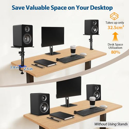 Vondynote Set of 2 Desktop Clamp Speaker Stands Short Studio Monitor Stands Height Adjustable | Height Adjustable 9"-14", Desk Mount, for Monitor Speakers Laptop Projector CD Player