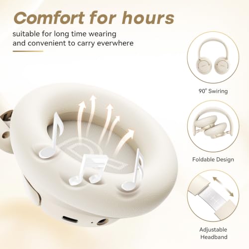 BERIBES Hybrid Active Noise Cancelling Headphones Wireless Over Ear 70Hours | Foldable Bluetooth 6.0,Transparent Modes,3.5MM Cable,Lightweight Built-in Mic,HiFi Stereo Deep Bass,Soft-Earpad,Fast Charging - color: Beige