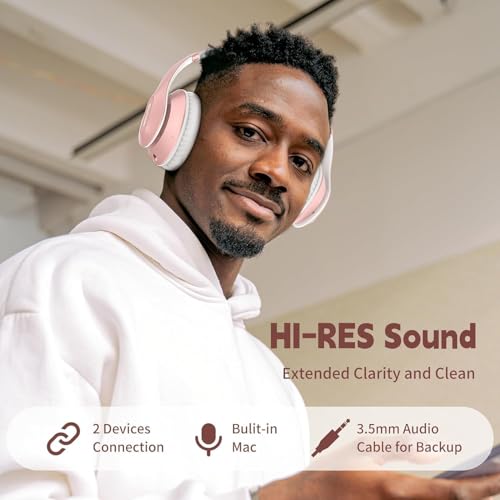 Wireless Bluetooth Headphones Over Ear V6.0 HiFi Stereo with Mic | 65H Playtime 6EQ Modes Foldable Bluetooth Headset with Microphone for Travel Smartphone Computer Laptop Rose Gold - color: Rose Gold