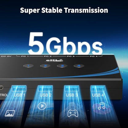 eKL USB 3.0 Switch 4 Computers Sharing Mouse Keyboard Printer Scanner, 4 Port USB Switcher with RS232 Serial Switching, Remote Controller, 3.5mm Mic & Headset Audio Jack, 4 USB 3.0 Cables Included - size: USB3.0 4 in 4 out with remote and RS232 cable