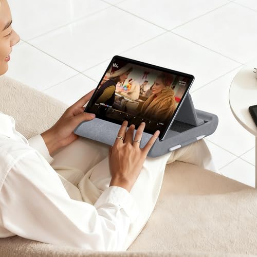 CreaDream Tablet Pillow Stand, Foldable Tablet Holder for Lap, Bed | Soft Pillow Pad with Pocket and Stylus Mount, for 4-13" Tablets, Like iPad Pro 11, 13, Air, Mini, Kindle, Galaxy Tab, Grey - color: Grey