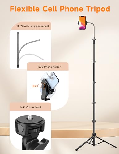 Phone Tripod, 86" Tall Tripod for iPhone with Flexible Gooseneck & Remote, Portable Aluminum Cellphone Stand for Selfies, Video Recording,Travel, Compatible with iPhone Android - size: 86 inch