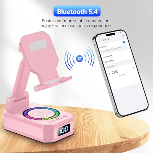 Gifts for Women, Phone Stand with Wireless Bluetooth Speaker and Anti-Slip Base, Gadgets for Anniversary Idea Gift, Phone Charger Stand with LED Lights, Kitchen Gadget Compatible with IOS Android - color: Light Pink