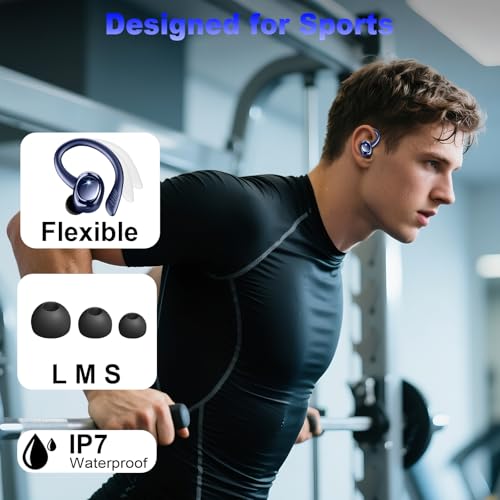 Hupoaf Wireless Earbuds Sport, 2025 Bluetooth 5.4 Headphones with Earhooks, 50H Stereo Deep Bass Over Ear Buds with 4 ENC Noise Canceling Mics, IP7 Waterproof Earphones for Running Workout Gym -Blue - color: A-Dark Blue