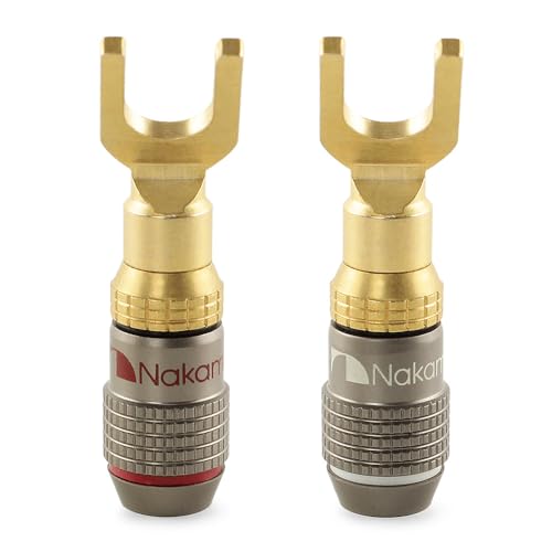 Nakamichi FanLock 24k Gold Plated Spade Y Connector Banana Plugs, 10-18 AWG | Excel Series, Gauge Size 4mm for Speakers Amplifier Hi-Fi Stereo Radio AV Audio Wire Cable Quick Connector, 2 Pcs (1-Pair) - size: 2 Pcs (1-Pair)
