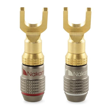 Nakamichi FanLock 24k Gold Plated Spade Y Connector Banana Plugs, 10-18 AWG | Excel Series, Gauge Size 4mm for Speakers Amplifier Hi-Fi Stereo Radio AV Audio Wire Cable Quick Connector, 2 Pcs (1-Pair) - size: 2 Pcs (1-Pair)