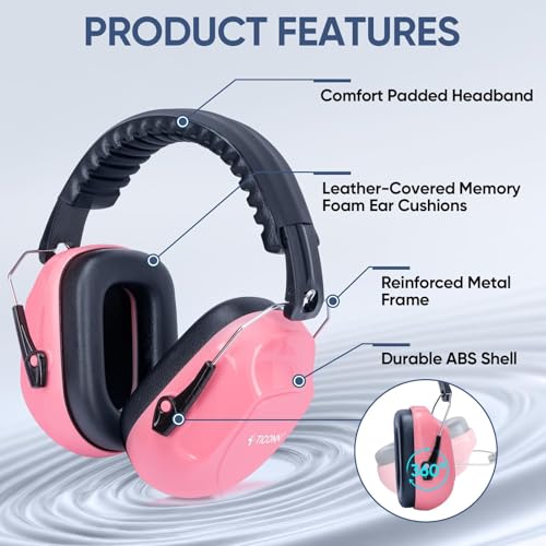 TICONN Noise Cancelling Ear Muffs for Adults, SNR 33dB Hearing Protection, Adjustable Safety Earmuffs for Construction - color: Soft Pink