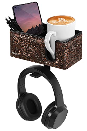 Under Desk Cup Holder Clamp on Cup Holder PU Leather Clip on Desk Organizer | Desk organizer with pencil holder clamp on side, under desk hanging organizer, clip on cup holder desk phone stand holder PU - color: Golden