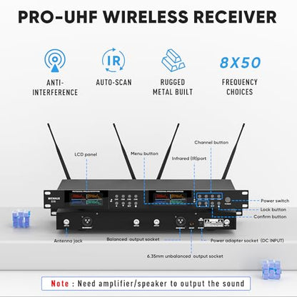 Lapel Wireless Microphone System with Headset & Lavalier Mics, Pro 8 Channel UHF Mics Set with Bodypack Transmitter & Metal Receiver, 200 Adjustable Frequency, 300ft Range for Church, Party - size: 8 Channel