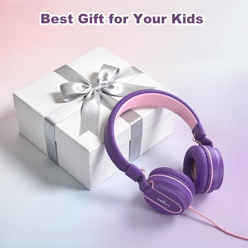 Kids Headphones for School with Microphone, 93dB Volume Limited, PinkPurple | Wired On Ear Headphones for Girls Boys, Foldable Lightweight Headphone for Classroom Learning & Entertainment Travel Computer - color: Pink Purple