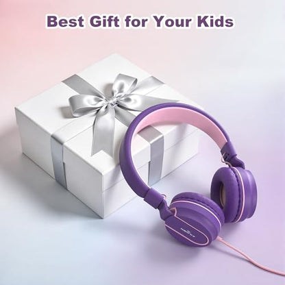 Kids Headphones for School with Microphone, 93dB Volume Limited, PinkPurple | Wired On Ear Headphones for Girls Boys, Foldable Lightweight Headphone for Classroom Learning & Entertainment Travel Computer - color: Pink Purple