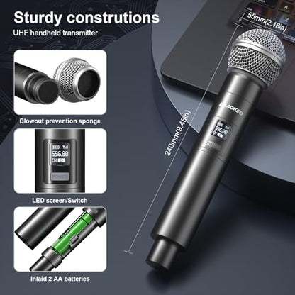 Wireless Microphones System, 4 Channel UHF Wireless Mics,with 4 Handheld Dynamic Microphones,Metal Receiver for Karaoke,Singing,Wedding,Party,Speech,Church - color: Grey