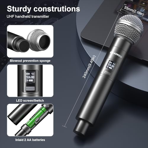 Wireless Microphones System, 4 Channel UHF Wireless Mics,with 4 Handheld Dynamic Microphones,Metal Receiver for Karaoke,Singing,Wedding,Party,Speech,Church - color: Grey