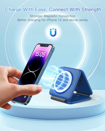 Iseyyox Charging Station for Apple Devices - 3 in 1 Magnetic Foldable Wireless Charger Dock - Travel Charging Pad for MagSafe iPhone 17 16 15 14 13 12 Pro Max Plus Watch & Airpods - color: Blue