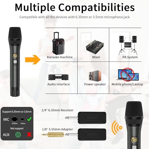 Wireless Microphone, UHF Handheld Cordless Dynamic Mic, 200ft Auto Connect | 2 Dual Metal Mic System Set with Rechargeable Receiver, for Karaoke Singing Speech Party Wedding Church Home KTV