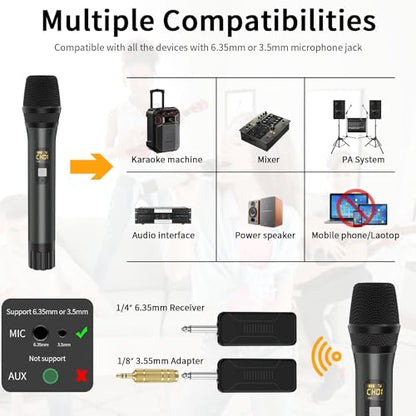 Wireless Microphone, UHF Handheld Cordless Dynamic Mic, 200ft Auto Connect | 2 Dual Metal Mic System Set with Rechargeable Receiver, for Karaoke Singing Speech Party Wedding Church Home KTV