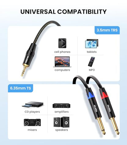 Tisino 1/8" to 1/4" Stereo Cable, Dual 1/4" to 3.5mm Audio Cable, 6.6FT/2m | 1/4" to 1/8" Audio Adapter Cable for Smartphone, CD Player, Mixer, Speakers, Amplifiers, Gold-Plated 20AWG OFC - size: 6.6 feet