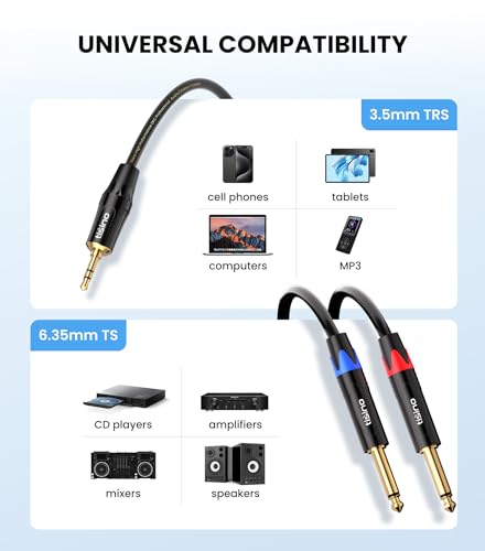 Tisino 1/8" to 1/4" Stereo Cable, Dual 1/4" to 3.5mm Audio Cable, 10FT/3m | Dual 1/4" TS to 3.5mm Audio Adapter Cable for Phone/Laptop to Mixer/Speaker/Amp, 20AWG Gold-Plated OFC - size: 10 feet