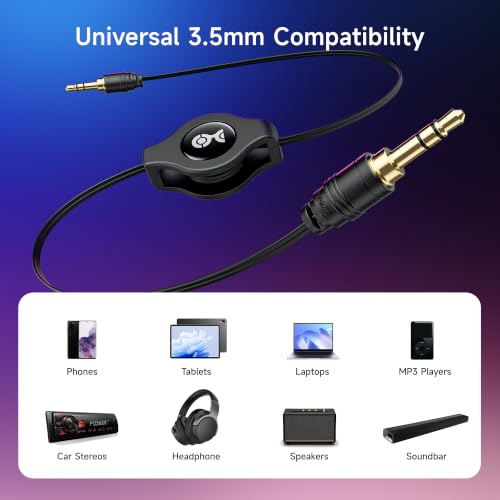 Cable Matters 2-Pack Gold-Plated Retractable Aux Cable, 2.5ft | 3.5mm Auxiliary Cable, 3.5mm Male-to-Male, Travel Reel, Gold-Plated Connectors