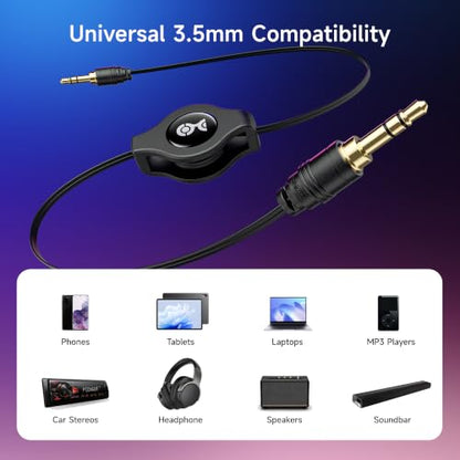 Cable Matters 2-Pack Gold-Plated Retractable Aux Cable, 2.5ft | 3.5mm Auxiliary Cable, 3.5mm Male-to-Male, Travel Reel, Gold-Plated Connectors