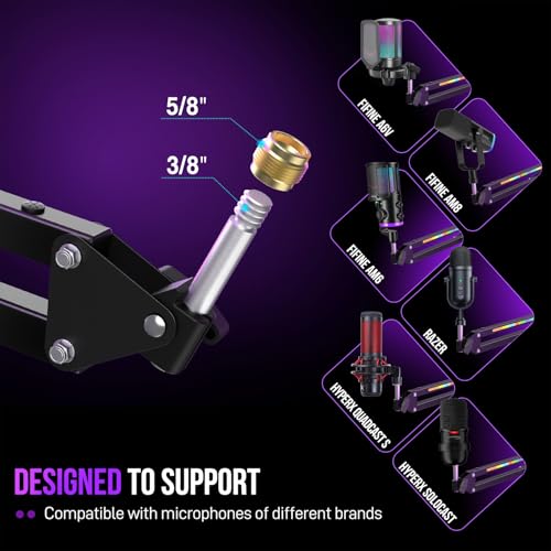 FIFINE Microphone Boom Arm, Metal Adjustable Mic Arm Stand with RGB Control, 3/8” to 5/8” Screw Adapter, Desk Mount Clamp, Suspension Scissor Mic Stand for Gaming Streaming Podcast-AmpliGame BM38 | Gaming RGB Mic Arm, Desk Mount Clamp, 3/8” to 5/8” Screw